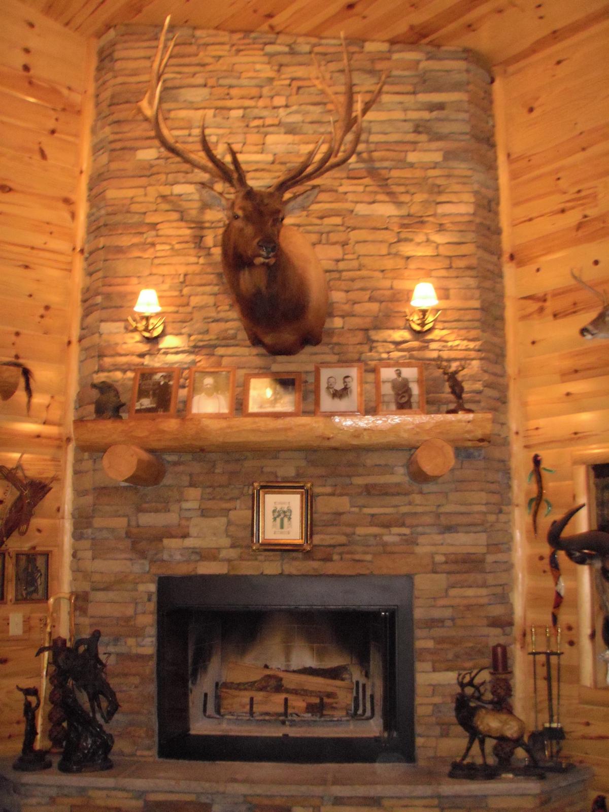 A fireplace featuring a deer head, embodying the 7 deadly sins of home decorating.