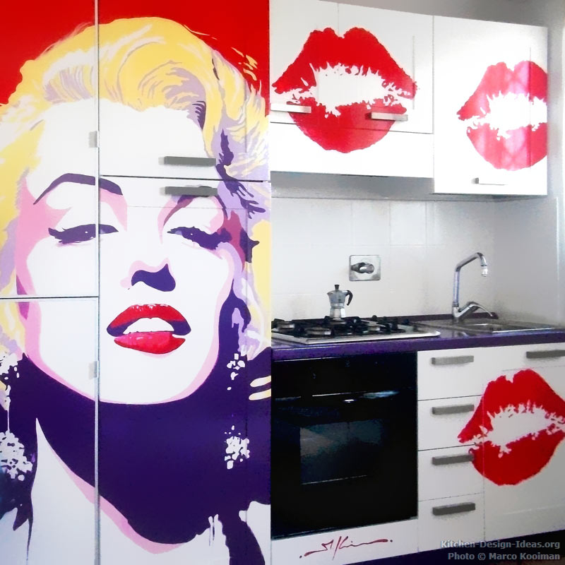 Marilyn Monroe depicted in pop art style on a kitchen wall.
