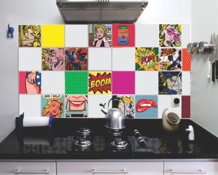 A pop art kitchen with a variety of comics on the wall.