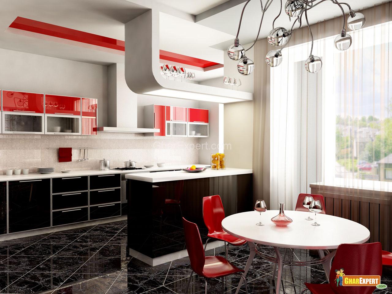 A pop art kitchen with red and black furniture.
