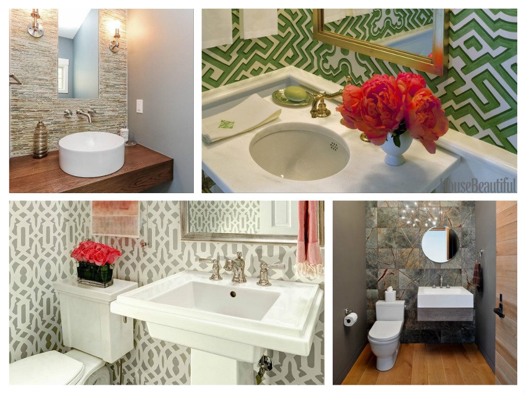 A collage of pictures of a tiny powder room with a toilet and sink.