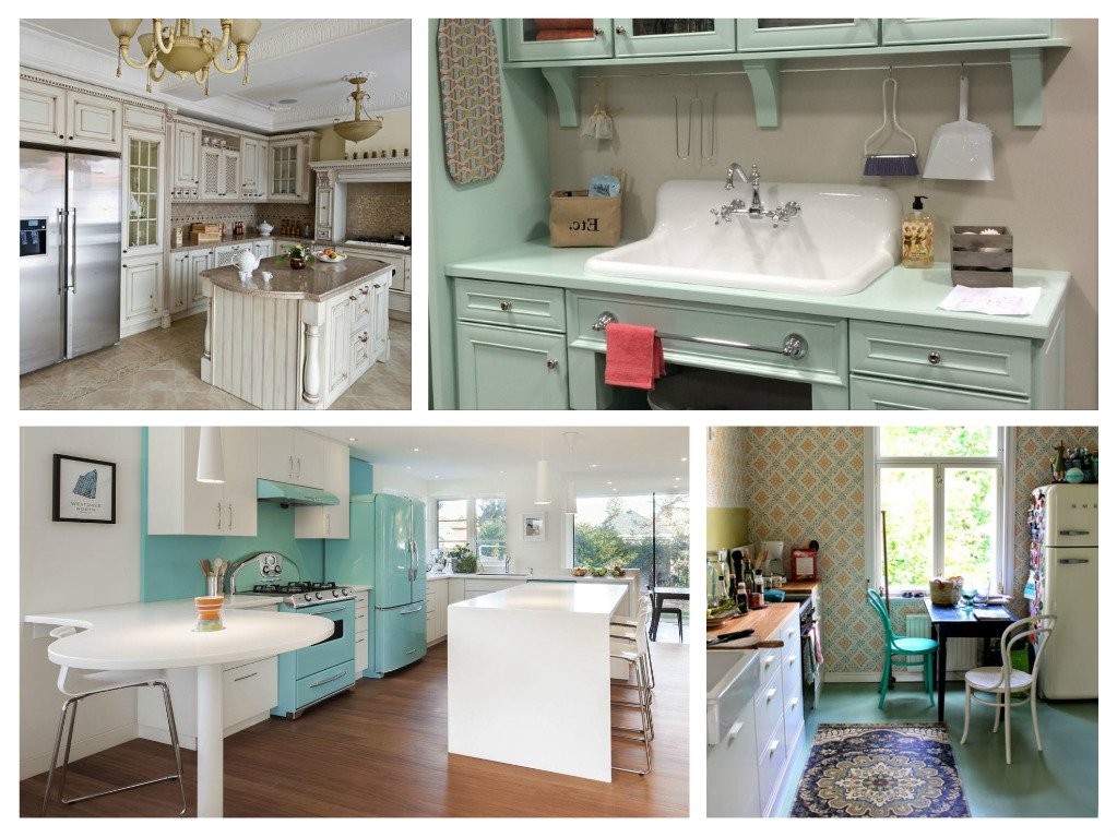 A collage of pictures of a vintage kitchen with green cabinets.