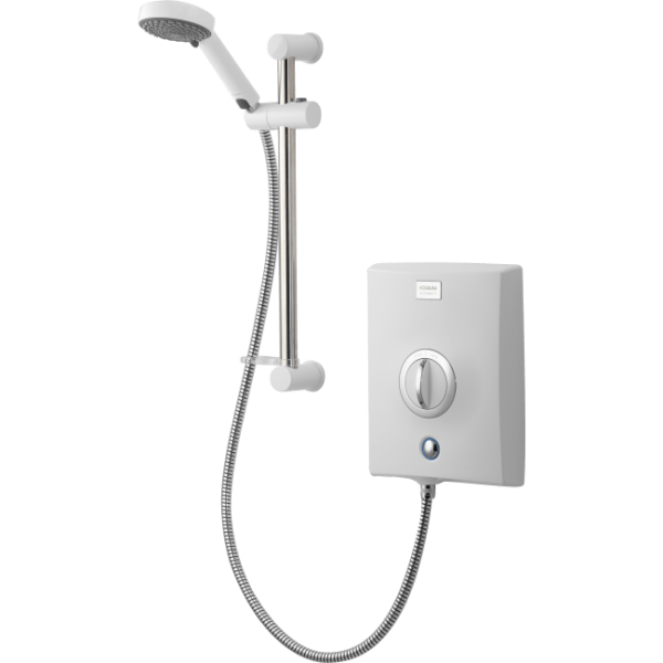 A powerful hand held shower head with a white design.