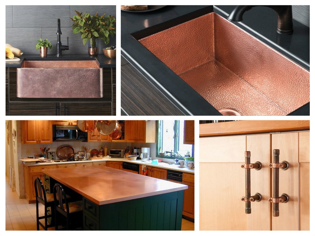A collection of copper kitchen sinks.