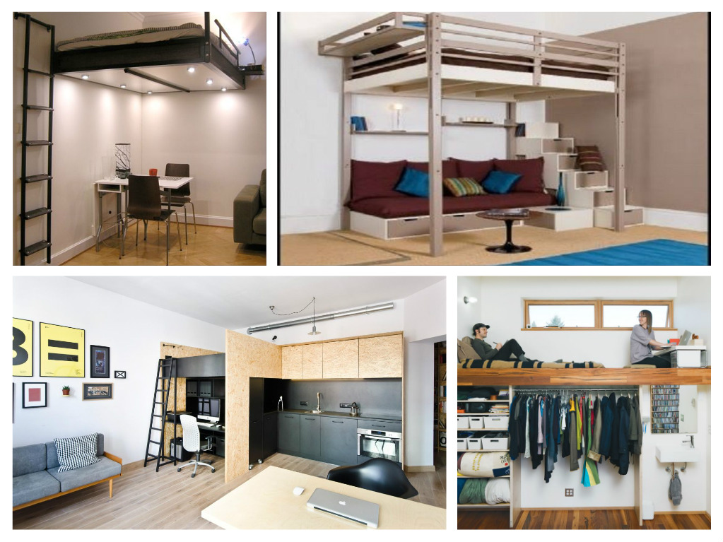 A collage of pictures showcasing multiple loft beds.