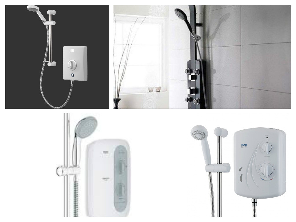 Four pictures of power showers, showcasing a shower head and hand shower.