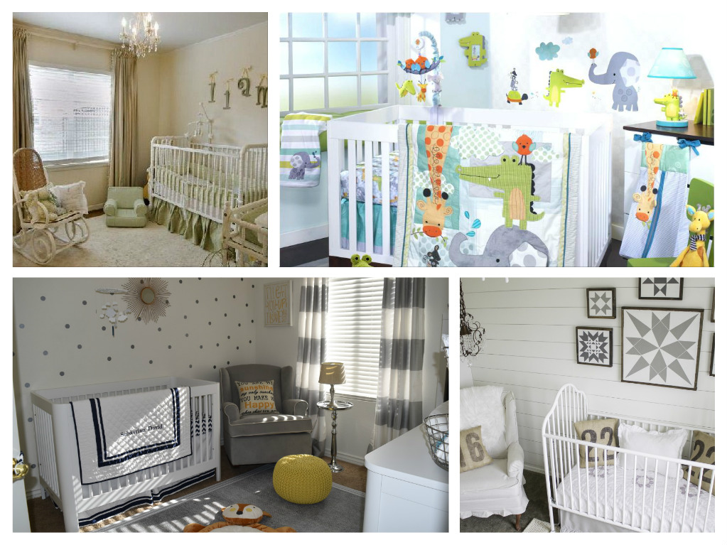 A collage of pictures of a gender-neutral baby boy's nursery.