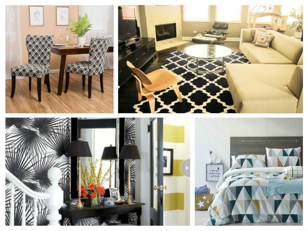 A collage featuring geometric prints in a living room, dining room, and bedroom.