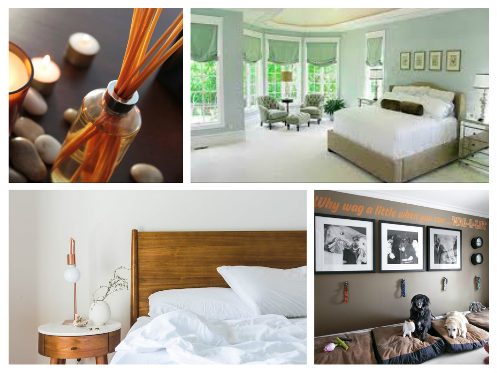 A collage of pictures of a relaxing bedroom with candles and a comfortable bed.