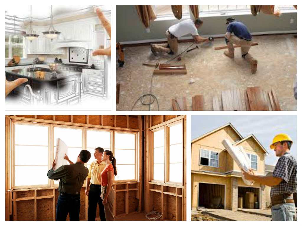 A collage of pictures of people working on a house renovation project.