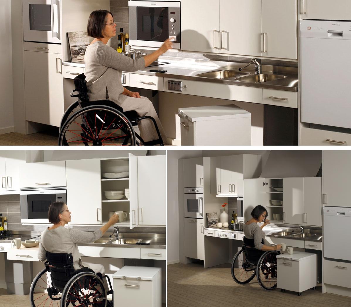A woman in a wheelchair navigating her accessible kitchen.