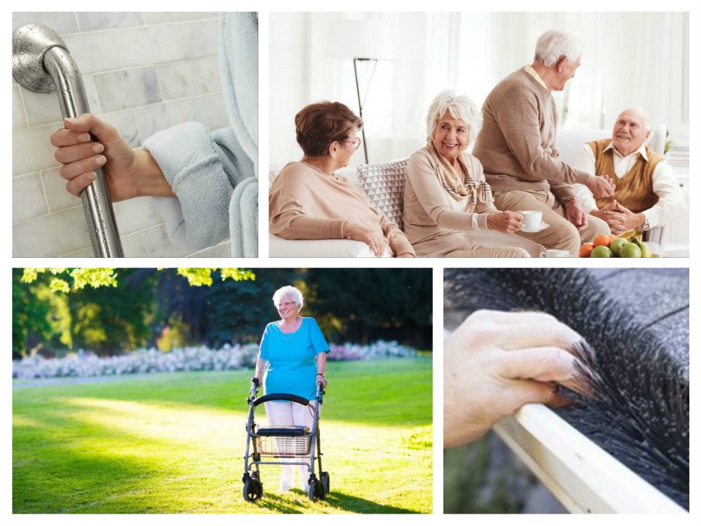 A collage of senior citizens with a walker and wheelchair.