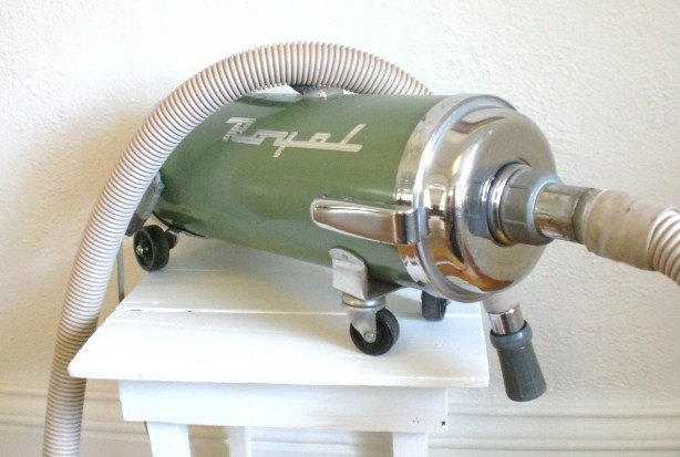 A green vacuum cleaner with a hose attached to it, designed for efficient cleaning.