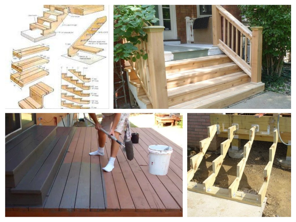 A DIY collage of pictures showing how to build a deck with a staircase.