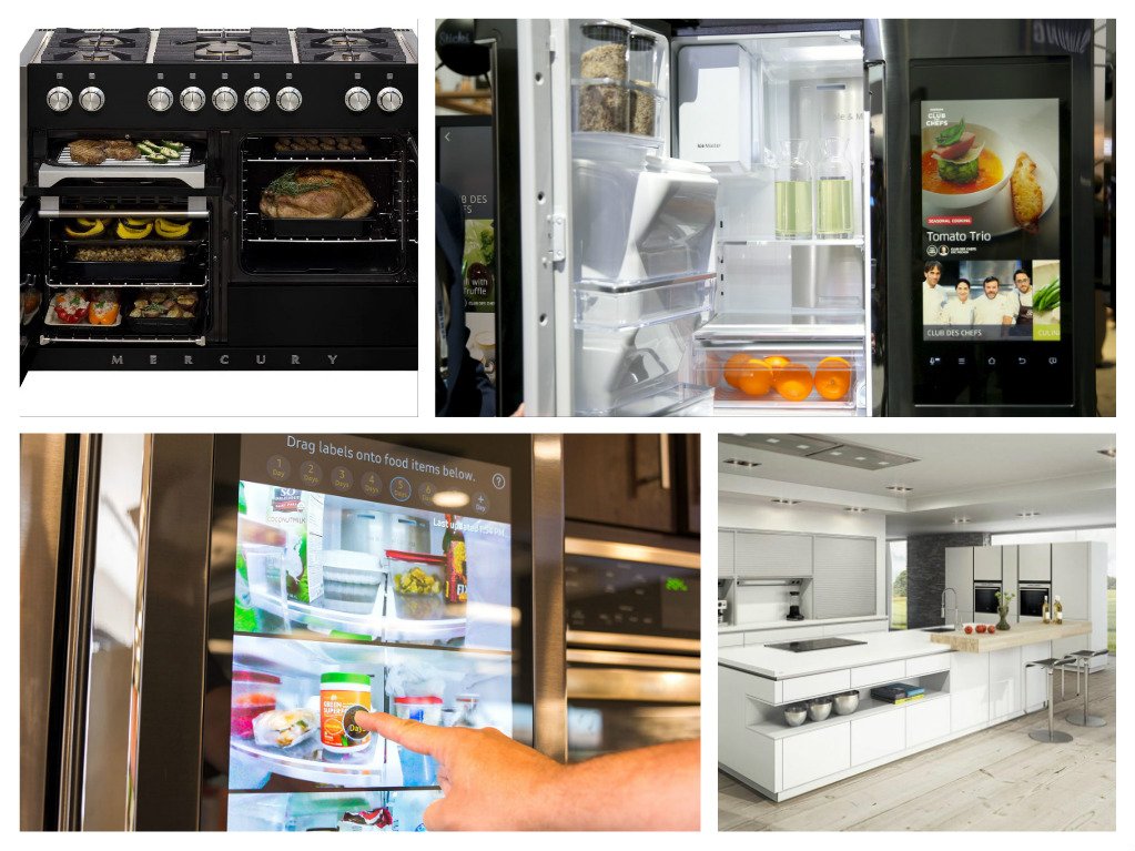 A collection of pictures showcasing kitchen appliances in line with the latest design trends.