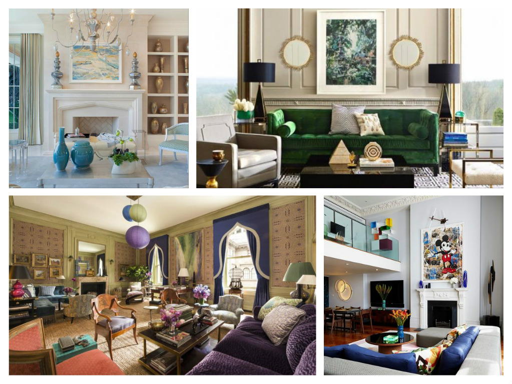 A collage of pictures of a living room with vibrant green furniture that beautifully demonstrates how color can work in interior design.