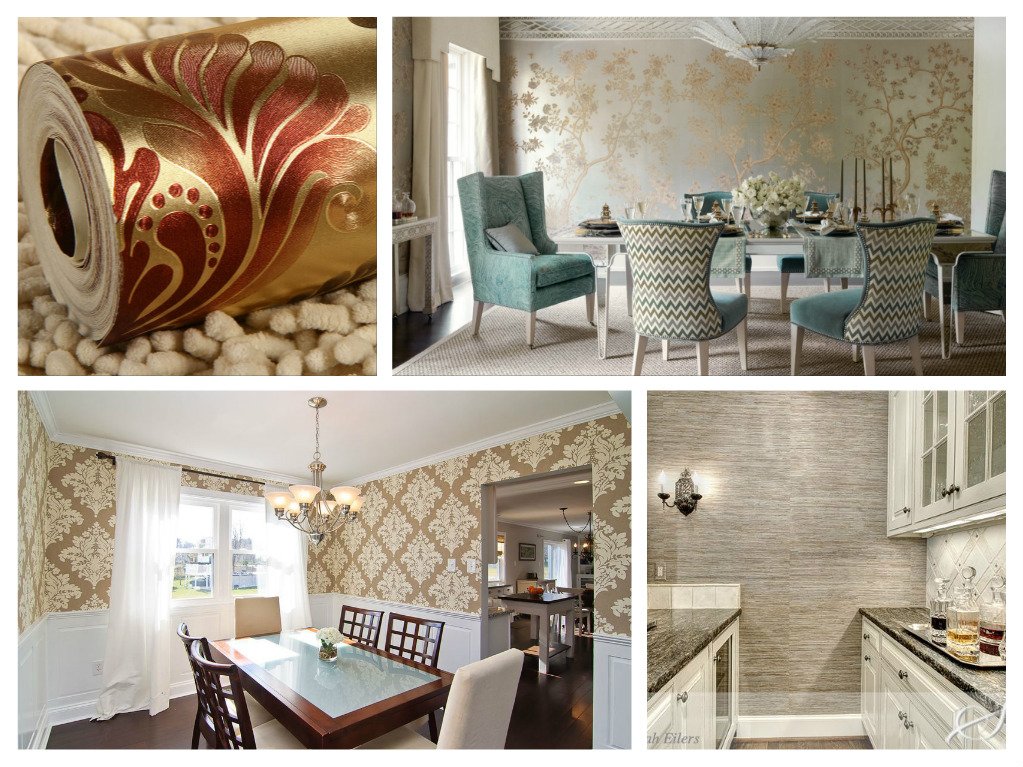 A collage of pictures of a dining room with metallic wallpaper.