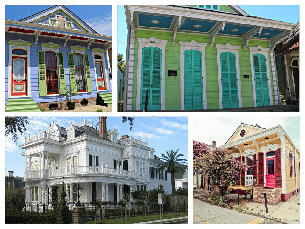A colorful collage showcasing New Orleans architectural style.