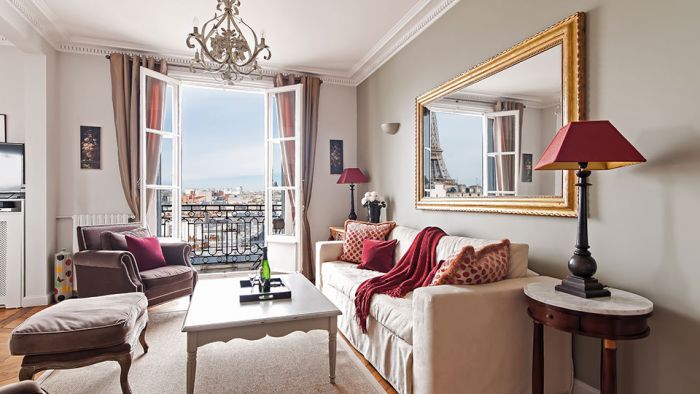 A Paris apartment with a view of the Eiffel Tower.