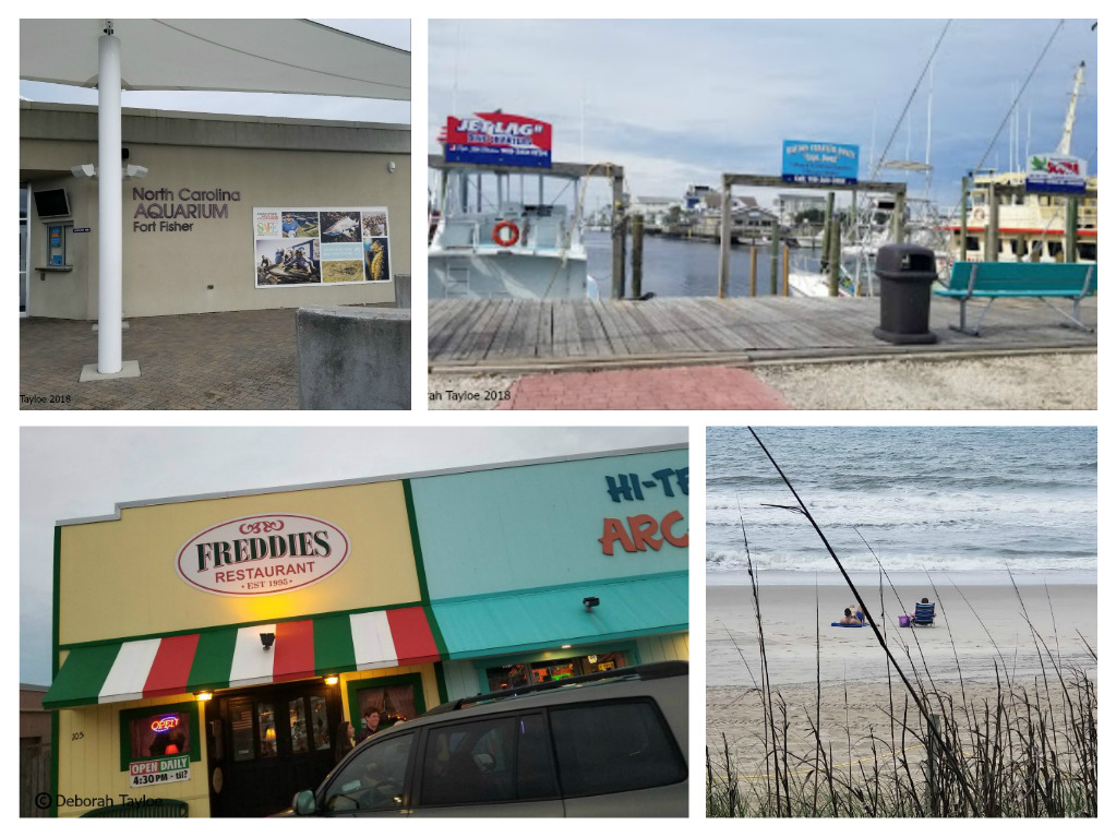 A collage of pictures showcasing Pleasure Island's beach, boat, and restaurant.