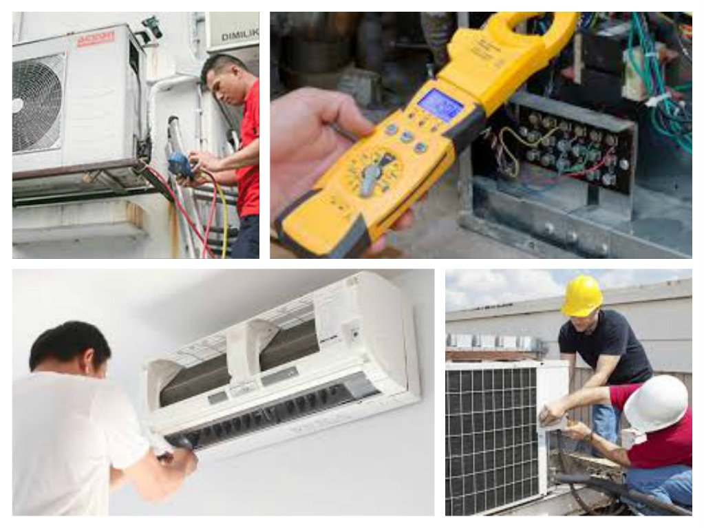 A collage of pictures showing a technician replacing an air conditioner.