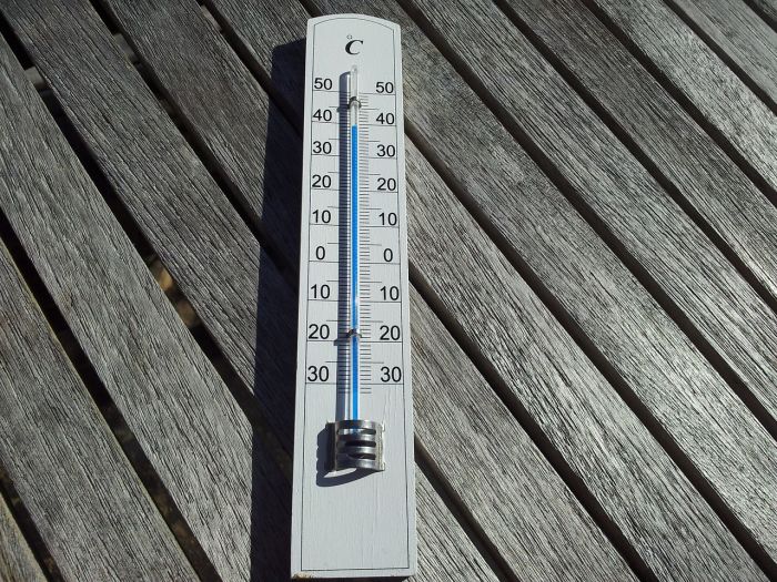 A DIY thermometer on a wooden table.