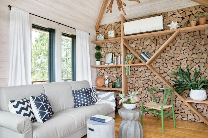 The living room of a tiny house is decorated with a wood accent wall.