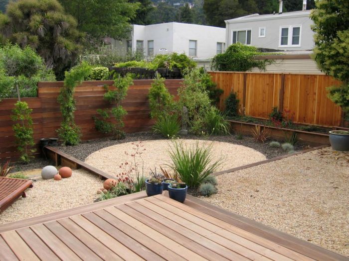 A small backyard with a wooden patio.