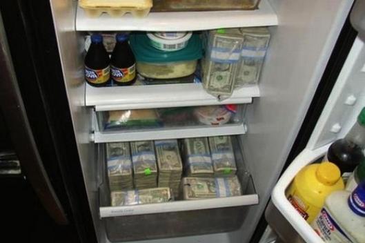 A refrigerator with hidden valuables.