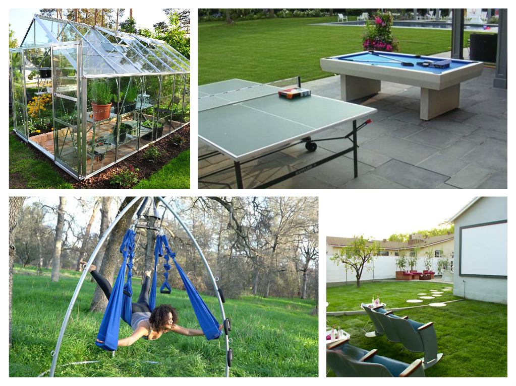 A collage of pictures showcasing an outdoor space with a ping pong table and a swing.