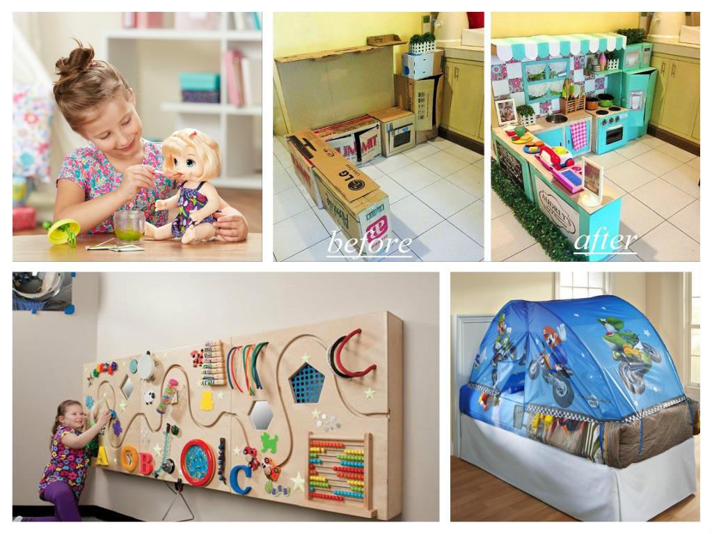 A collage of children playing with toys in a playroom, showcasing ideas to improve a nursery with toys.