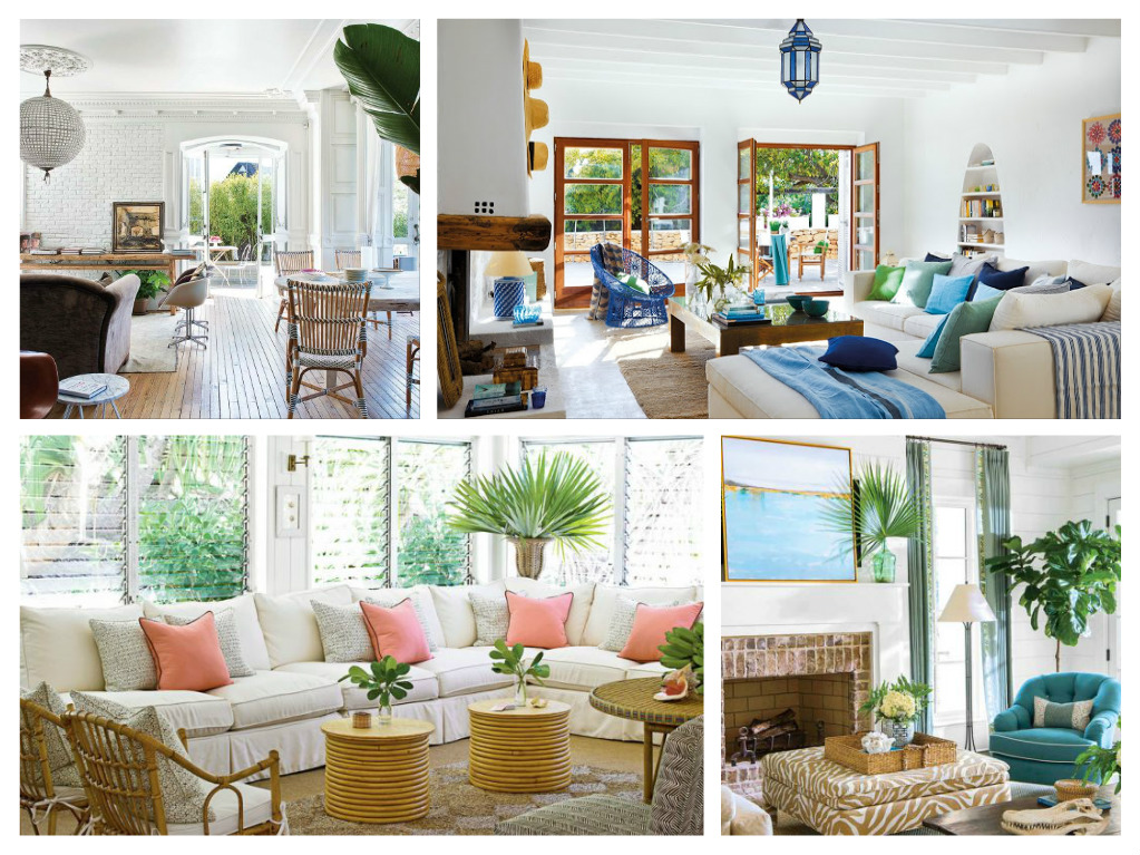 A collage of pictures of a living room with blue and white furniture in island style.