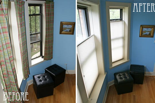 Before and after pictures of a window with curtains.
