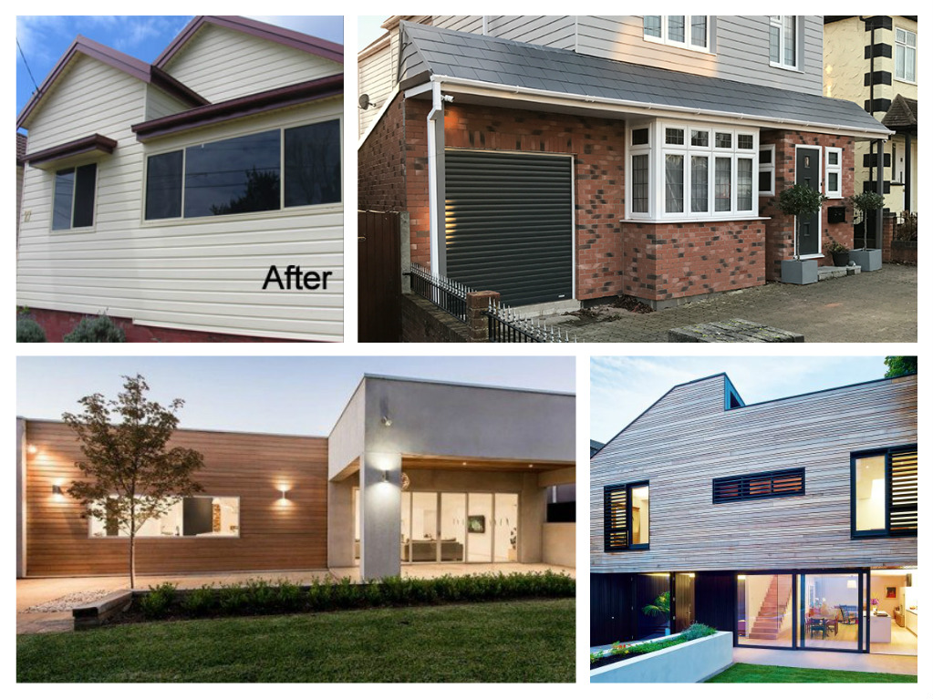 A collage of photos showcasing exterior cladding before and after renovations.
