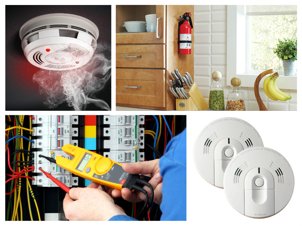 A collage of images demonstrating home safety with a fire alarm and fire extinguisher.