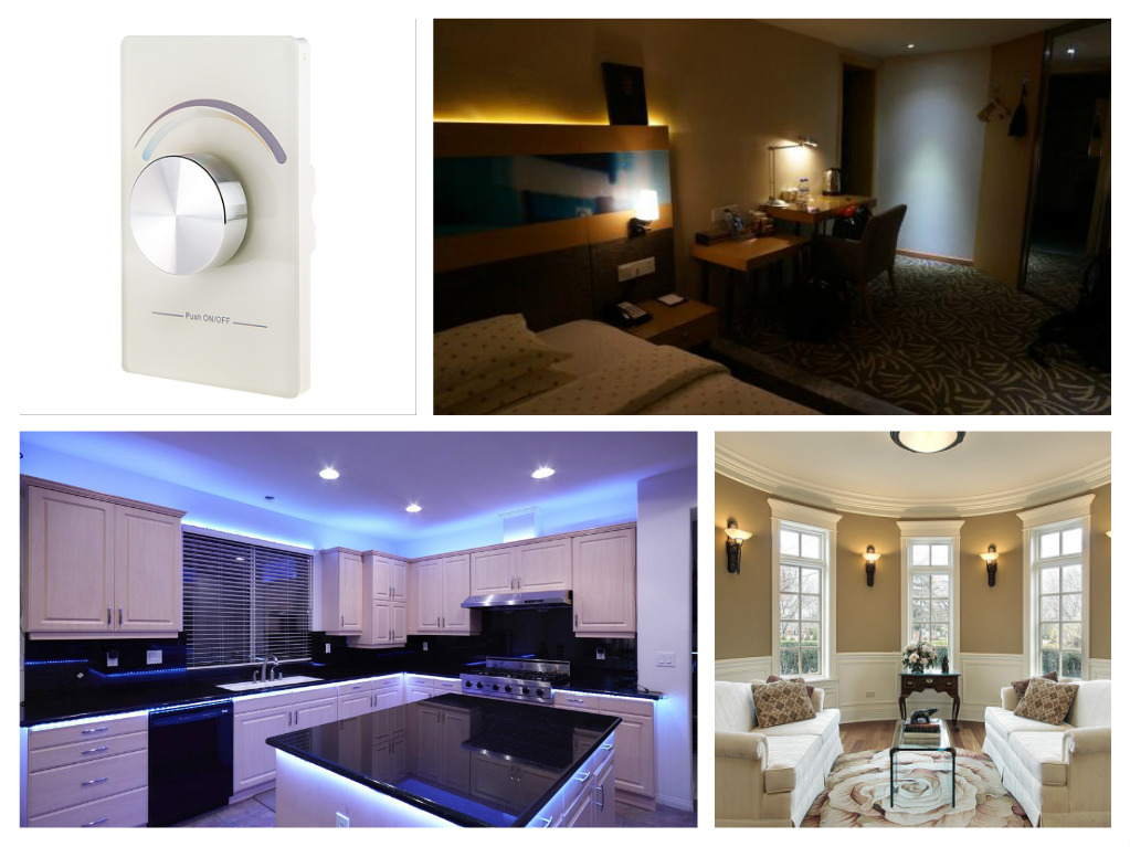 A collage of pictures showcasing lighting mistakes in a living room, kitchen, and bedroom.