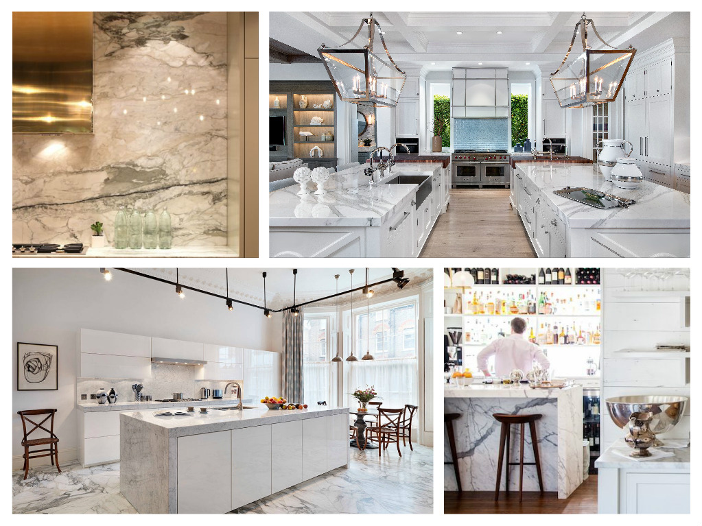 A collage of pictures of a white kitchen with marble counter tops.
