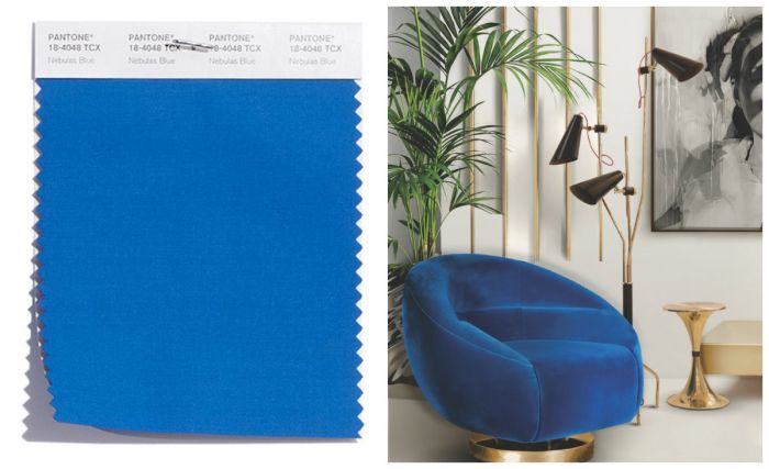 A pantone swatch with a blue chair.