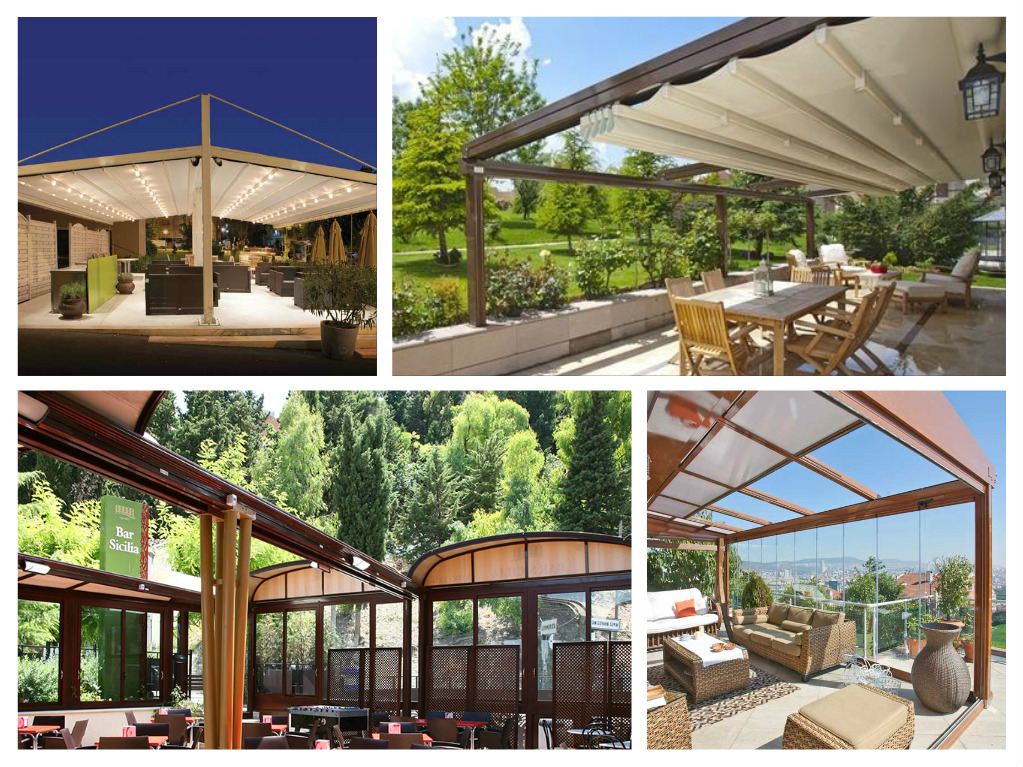 A collage of images showcasing various types of patio awnings, including retractable roofs.
