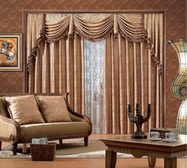 A living room with unique drapery and beige furniture.