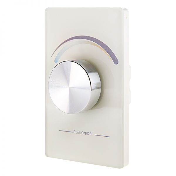 A white wall mounted switch with a multi-colored knob, showcasing lighting variety.