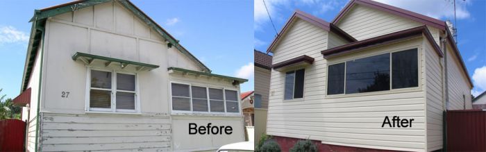 A house's exterior cladding is shown before and after being repainted.