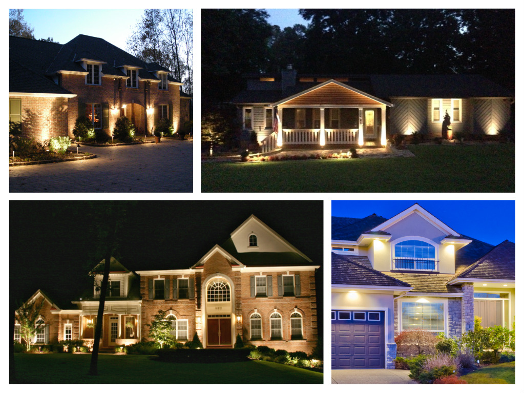 A collage of pictures showcasing the illuminated exteriors of various homes at night.