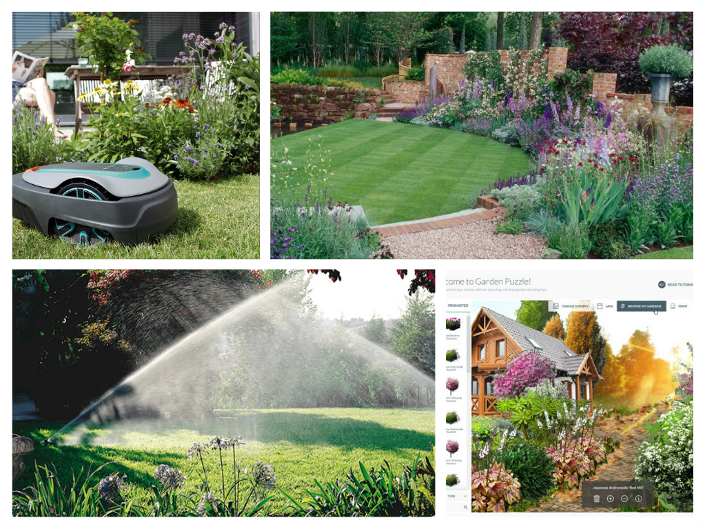 A collage of pictures showcasing lawn care in a garden, featuring a sprinkler and a lawn mower.