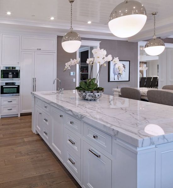 A large marble kitchen.