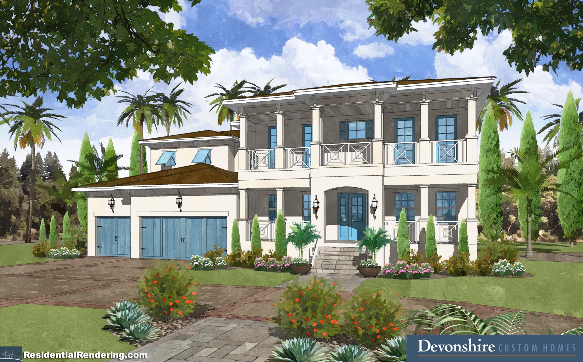 Own Custom Home - A rendering of a custom home with a front porch and a garage.