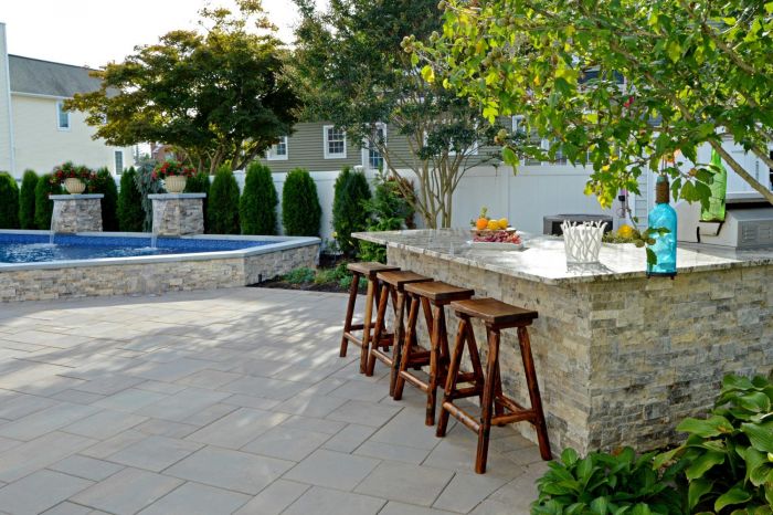 An outdoor bar with stools and a backyard escape.