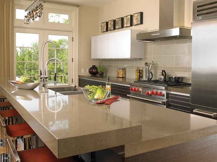 A kitchen with a spacious counter top and stainless steel appliances.