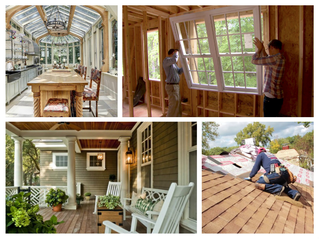 A collage of people working on a porch during home improvement projects.