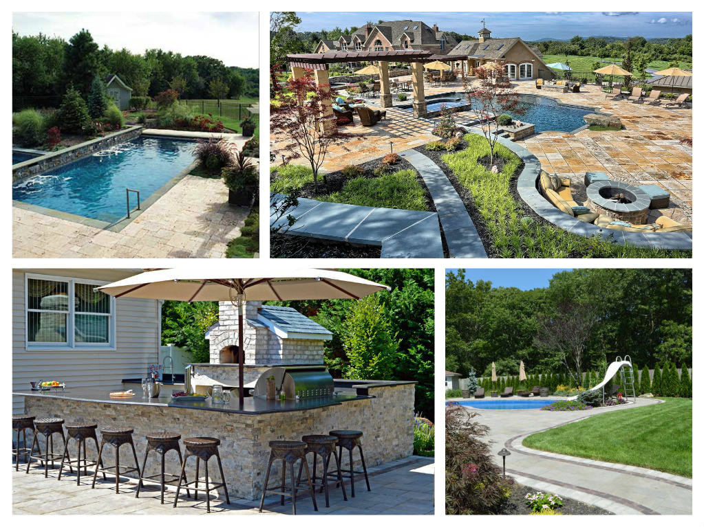 A collage of pictures showcasing a poolside bar area.